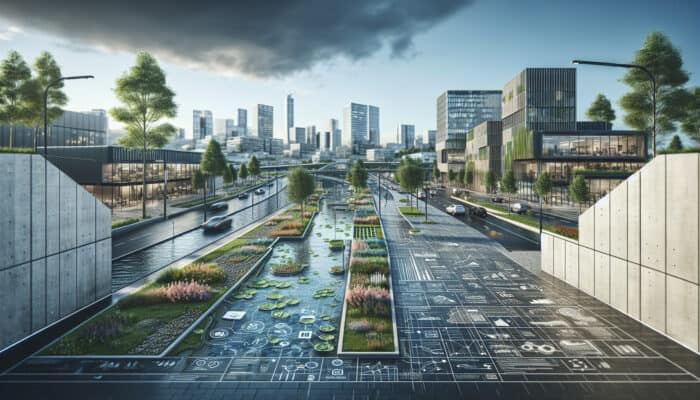 Modern urban landscape featuring permeable paving and smart drainage systems, highlighting sustainability and efficiency.