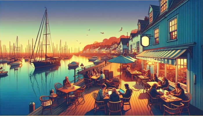 A picturesque Weymouth harbor at sunset, with blogging experts creating content in a cozy café.