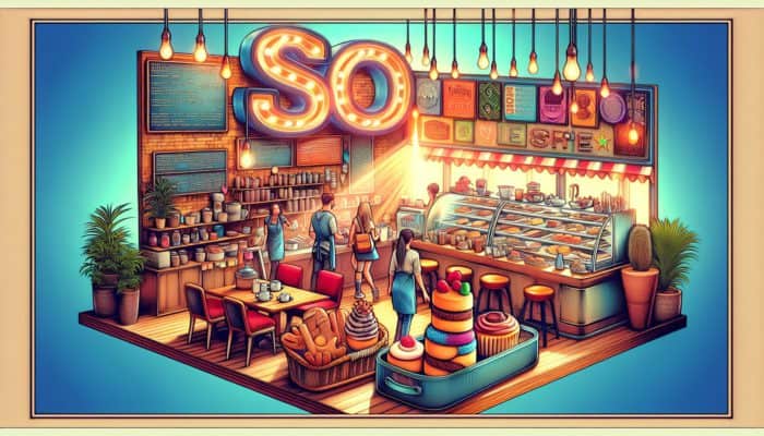 A bustling Weymouth coffee shop with a "Best Pastries in Weymouth" sign, drawing both locals and tourists, SEO keywords integrated into decor and menu.