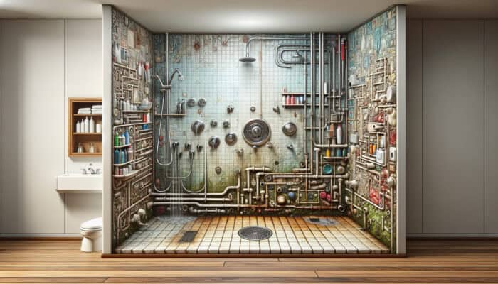 Visual representation of common shower issues in Squamish, including leaks, cracks, mould, and clogs in an aging bathroom.