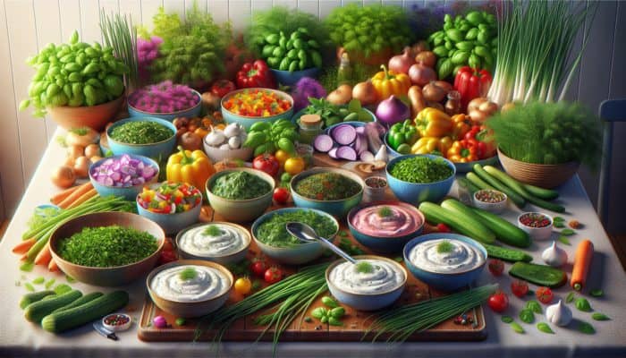 Bowls filled with fresh basil, chives, mint, and dill, accompanied by creamy dips and seasonal vegetables on a kitchen counter ready for a summer party.