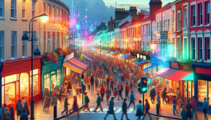 A bustling Dawlish high street with small businesses showcasing social media metrics, increased foot traffic, and targeted campaigns on digital screens.