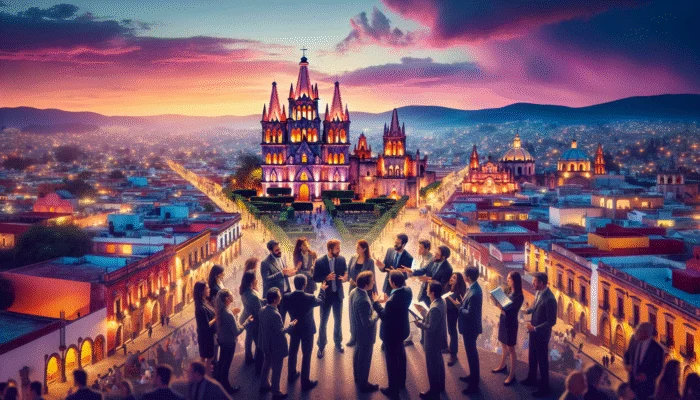 Aerial view of San Miguel de Allende at sunset with vibrant cathedrals, cobblestone streets, and colonial architecture, featuring experts in discussion.