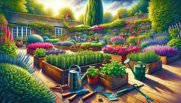 A vibrant UK garden featuring beds of rosemary, basil, and mint, surrounded by gardening tools in a sunny setting.