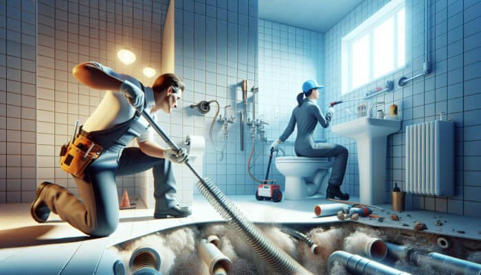 A plumber using a flexible auger alongside another using hydro jetting in a modern bathroom to clear pipe blockages.