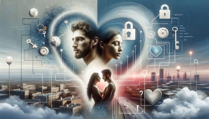 A couple on a video call, sharing emotions, with symbols of trust and distant cities interconnected by a heart.