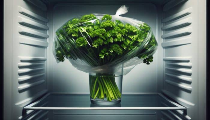 Fresh parsley in a glass of water, covered with a plastic bag, on a refrigerator shelf.