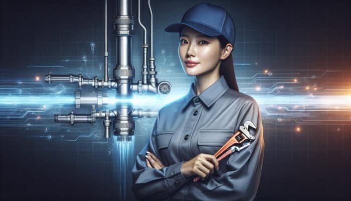 A skilled plumber utilizing advanced technology to repair and maintain a modern drainage system in a professional environment.