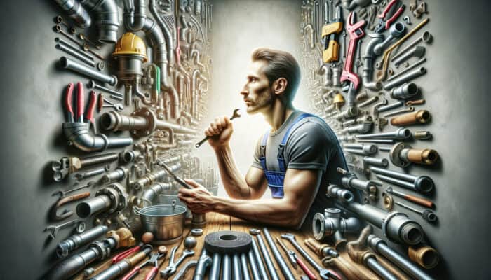 A plumber meticulously reviewing a checklist in a well-organized workshop to select the best drain service.