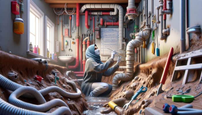 Local drainage expert inspecting a complex system in an older Tsawwassen home with specialized tools.