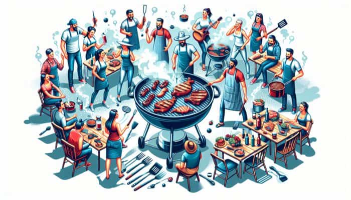 A lively BBQ forum community grilling together, sharing recipes and techniques amidst smoke and modern gadgets.