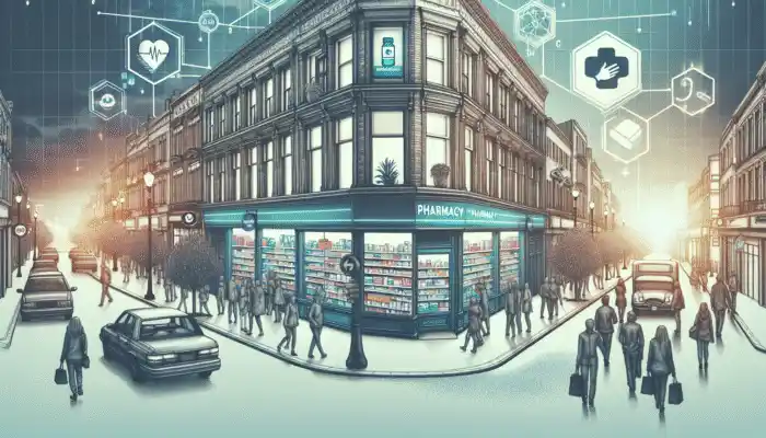Sterile Gloves in Bedford: Bedford street featuring Boots, Lloyds Pharmacy, and an independent pharmacy displaying sterile gloves.