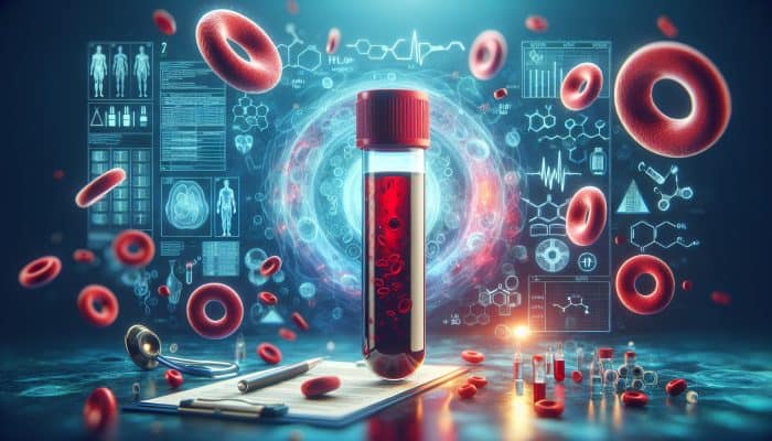 Ferritin Blood Test in Droylsden: Illustration depicting ferritin blood test with a blood vial, ferritin proteins, red blood cells, and iron storage in a clinical setting.