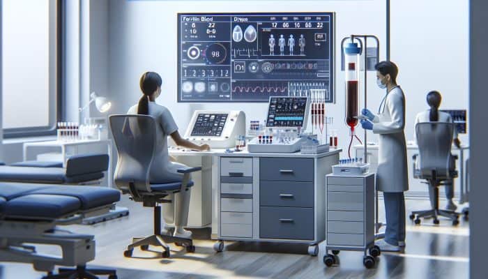 Illustration of a ferritin blood test conducted in a Droylsden clinic, showcasing medical equipment and staff.