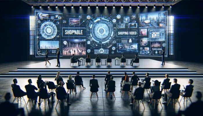 Industry leaders discussing shoppable video trends on a modern stage featuring interactive screens in a futuristic conference hall.