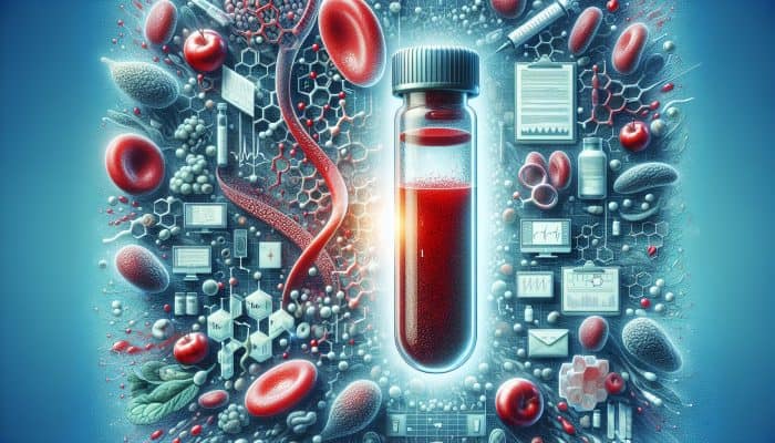 Ferritin Blood Test in Hyde: Visual representation of ferritin blood test with a vial, ferritin proteins, and iron-rich foods such as spinach and red meat.