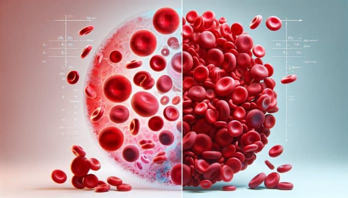 Illustration of ferritin levels in blood, depicting normal and low levels alongside differences in red blood cells.