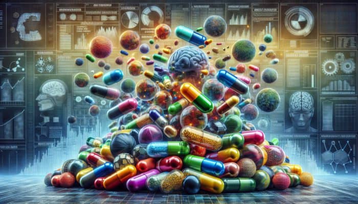 Supplements for Mental Clarity: Colorful capsules of vitamins, minerals, and herbs for enhanced focus, memory, and mental energy.