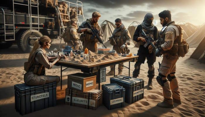 Diverse prepper team in a post-apocalyptic setting, showcasing various roles: leader, medic, logistics coordinator, security officer.