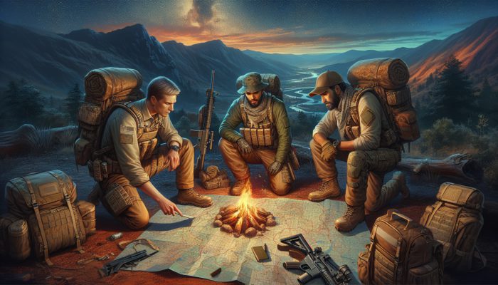 Survival experts discussing strategies around a campfire in a rugged wilderness setting at night.