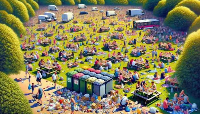 Summer Waste Hacks for House Clearance: UK summer scene with barbecues, picnics, and litter, emphasizing need for waste management and recycling.