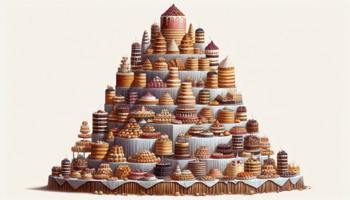A towering dessert display with a stable base of multi-layered cakes and large pastries, ascending to smaller tiers of mini tarts, chocolates, and petit fours, arranged in inviting clusters.
