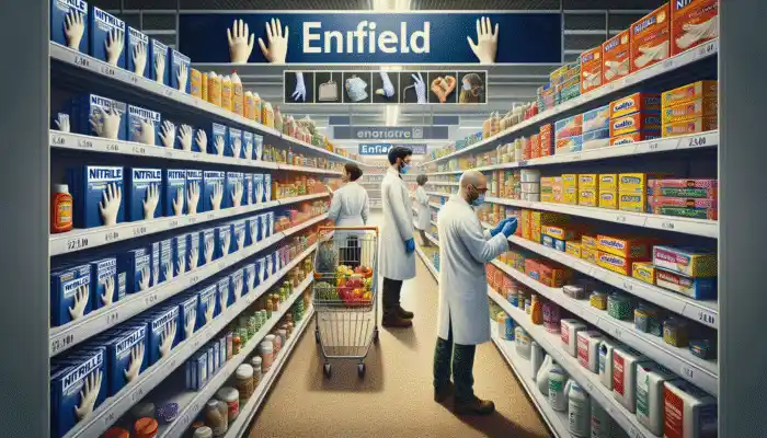 Nitrile Gloves in Enfield: Supermarket aisle showcasing various nitrile glove brands and groceries for diverse customers.