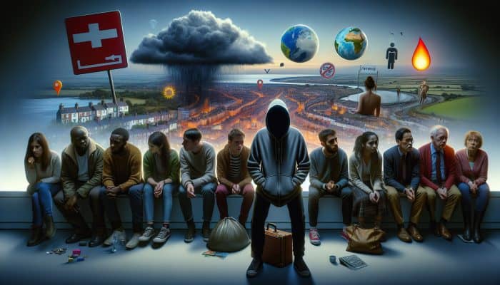 Insights into Mental Health Statistics: A diverse group of young UK residents, some isolated or in therapy, amidst symbols of mental health issues and economic, global crises.