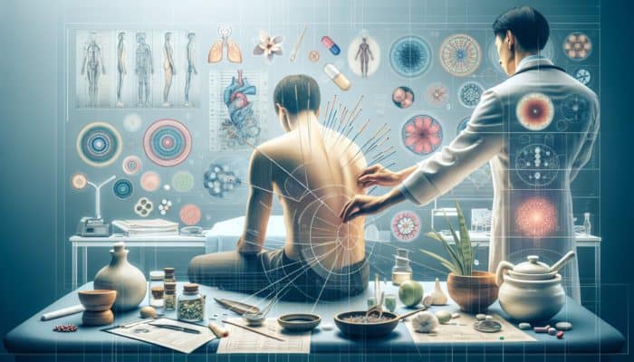 A tranquil UK clinic merging Eastern and Western healing practices with acupuncture treatment.