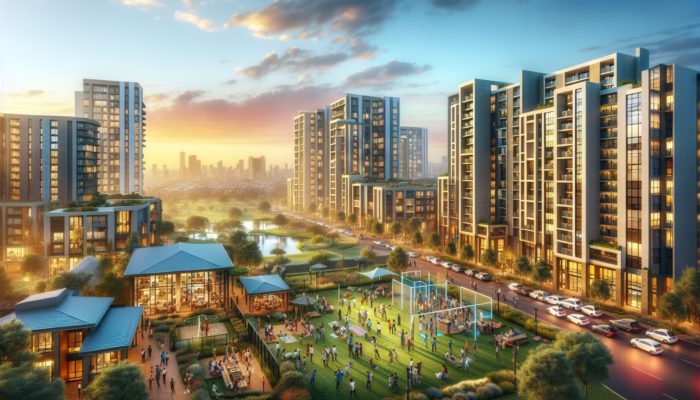 A vibrant Sandton suburb at sunset with modern apartments, parks, and diverse groups enjoying community life.