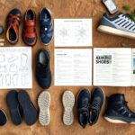 Various pairs of athletic shoes and Xero Shoes sandals are arranged on a dirt surface alongside open books, charts, a smartphone, a ruler, a compass, and green plant leaves—creating the perfect setting for an exploration guide.