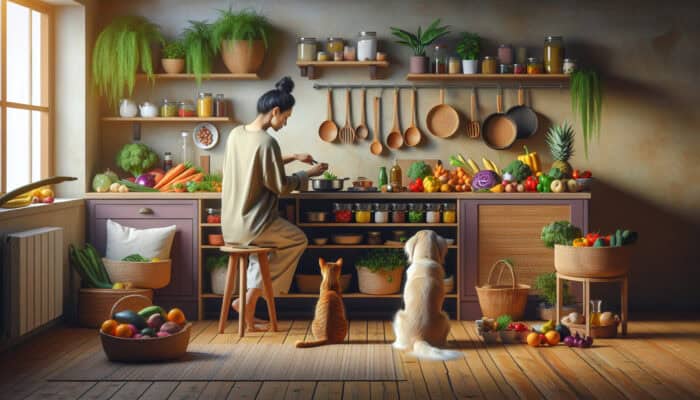 A loving pet owner in a cozy kitchen preparing a nutritious, cost-effective meal for their dog and cat using fresh ingredients.