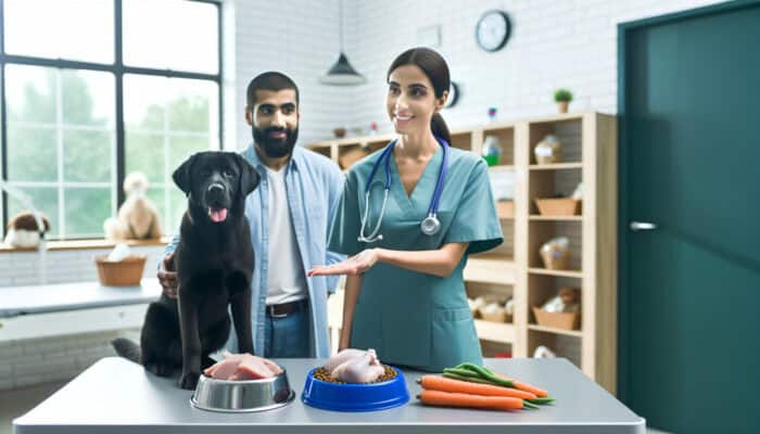 A veterinary clinic scene where a veterinarian advises on the benefits of cooked chicken, turkey, carrots, and green beans for pet health.