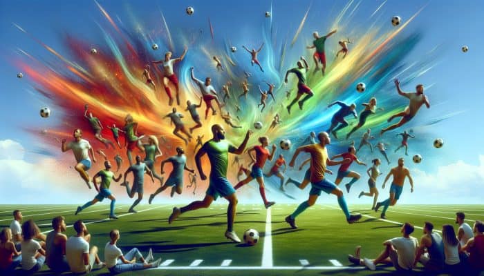 Football players in action on a vibrant field, symbolizing health and happiness under a clear sky.