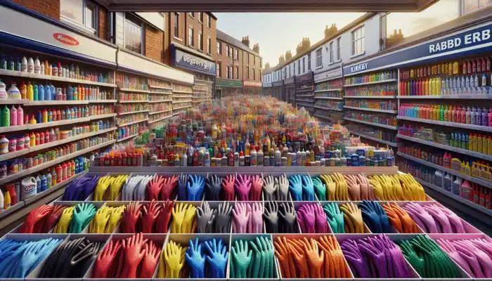 Rubber Gloves Available in Kirkby: A vibrant high street showcasing stores like Wilko, Tesco, and Asda showcasing diverse rubber gloves.