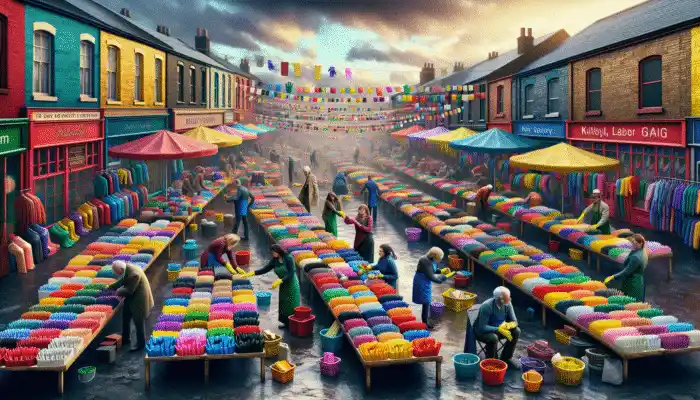 Diverse rubber gloves showcased at Kirkby market, with shoppers comparing items and expert buying tips visible.