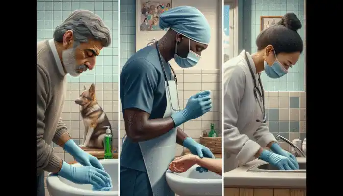 Individuals engaged in cleaning, healthcare, and culinary tasks in Kirkby, utilizing rubber gloves for protection and hygiene.