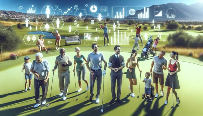 A diverse group of young and older golfers enjoying a vibrant country club setting with families on lush green courses.