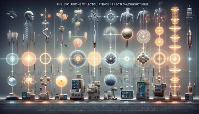 Timeline of electroacupuncture evolution in the UK, highlighting major developments and technological advancements.