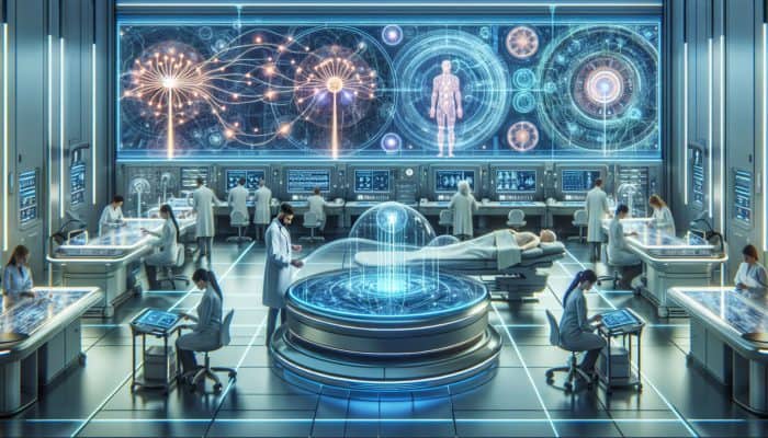 Futuristic medical setting showcasing advanced electroacupuncture devices with serene patients.