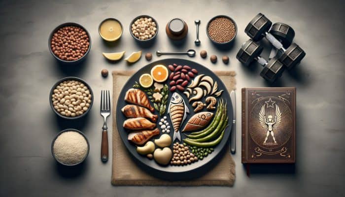 A balanced meal plan featuring chicken, fish, legumes, and a fitness journal with weights.