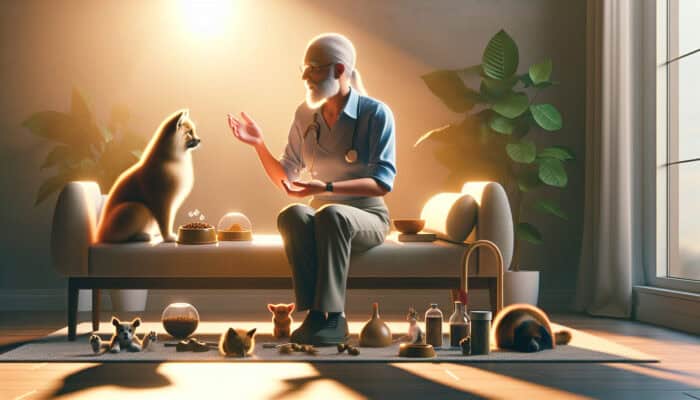 A mentor guiding a new pet owner, improving pet health and behavior in a supportive setting.