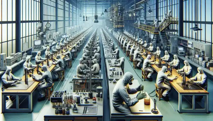 Workers in Goole lab conducting tests on safety gloves with advanced equipment to ensure quality and durability.