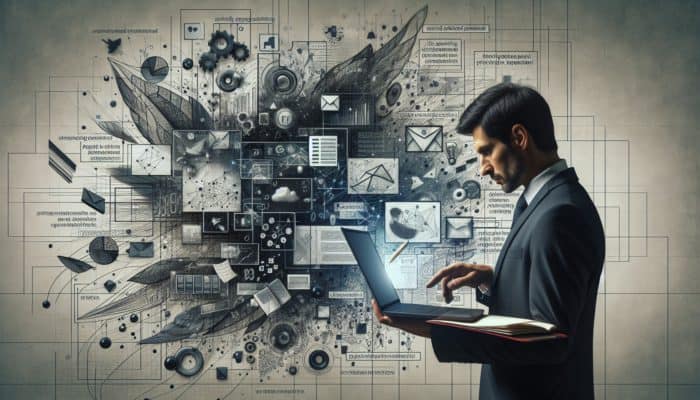 A person evaluating WordPress design companies using a laptop, surrounded by sketches and notes.