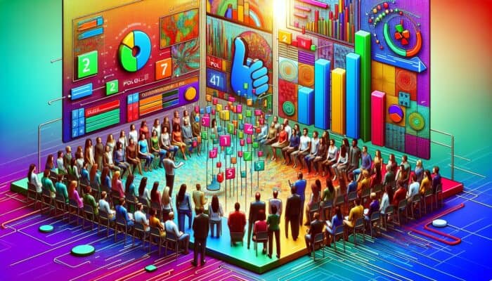 A vibrant LinkedIn poll displayed on an engaging interface, surrounded by diverse professionals interacting with visual data.
