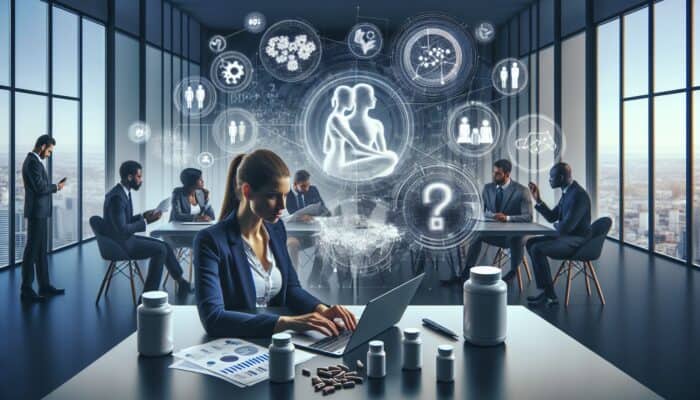 A nutrition expert analyzing LinkedIn poll data on a laptop, with visual analytics and professional discussions occurring in a modern workspace.