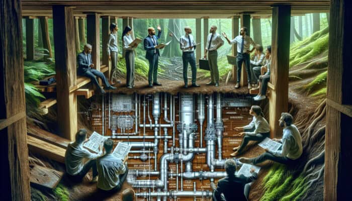 Illustration of crawl space drainage solutions in Chilliwack's damp environment, featuring engineers discussing effective drainage strategies.