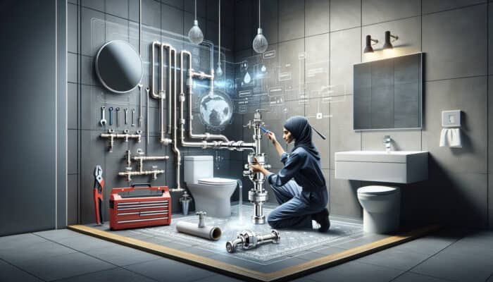 Water Valve Services in White Rock: A technician installing a modern water valve in an industrial-style bathroom, enhancing water flow efficiency.