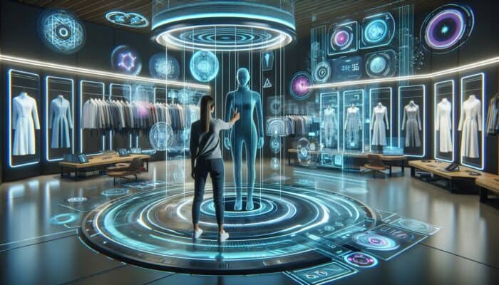 A futuristic AR setup with holographic displays and clothing items for virtual try-ons.