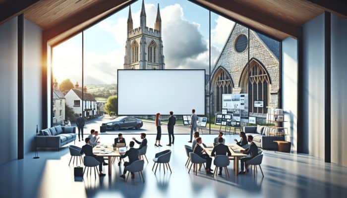 A modern WordPress design studio in Glastonbury, featuring professionals collaborating around a large screen in front of historic architecture.